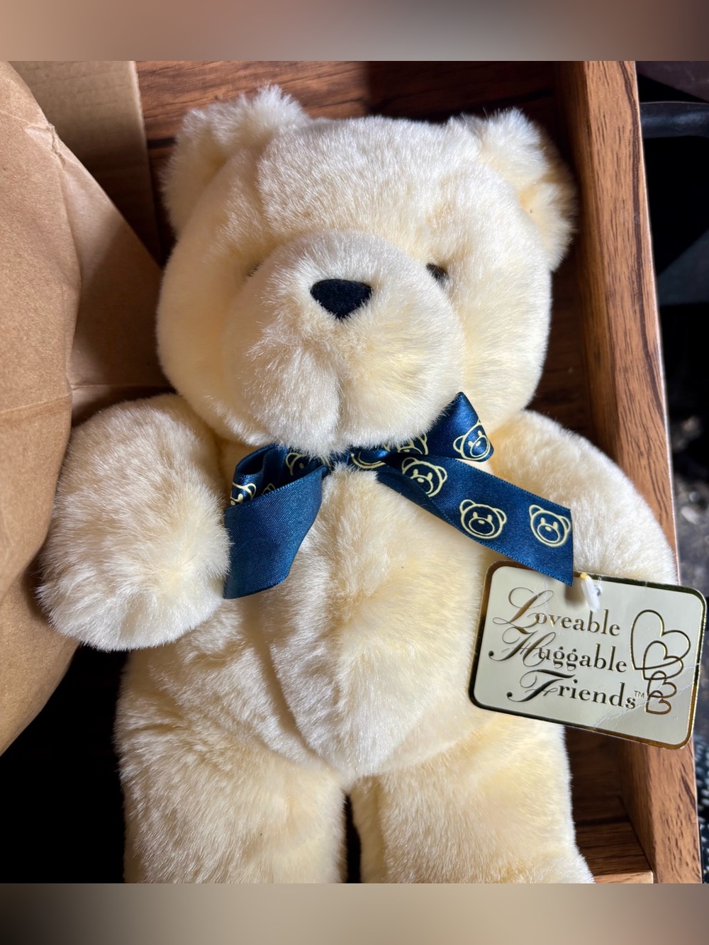GANZ Cream Plush Teddy Bear with Navy Bow